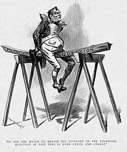 A political cartoon. An imperially confident-looking man in an exaggerated military officer's uniform is riding a plank of wood marked "Financial question", which is balanced between two saw-horses. The man's weight is bending the wood rather dramatically.