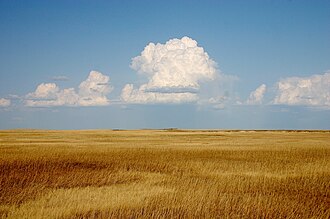 Cumulus clouds hover above a yellowish prairie at Badlands National Park, South Dakota, native lands to the Sioux.