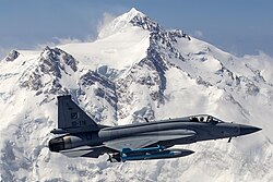 Pakistan Air Force's JF-17 Thunder flying in front of the 8,130-metre-high (26,660-foot) Nanga Parbat