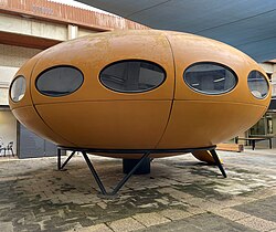 A restored Futuro house is located in the Building 5 courtyard
