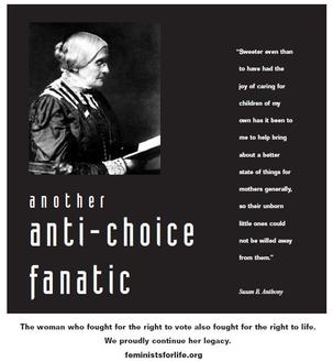 Susan B. Anthony image and quoted text, used by FFL to portray her as "anti-choice". The quote deals with child custody in estate law rather than abortion.[2][19]
