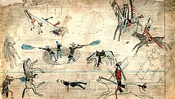 A Kiowa ledger drawing possibly depicting the Buffalo Wallow battle in 1874, a fight between Southern Plains Indians and the U.S. Army during the Red River War.