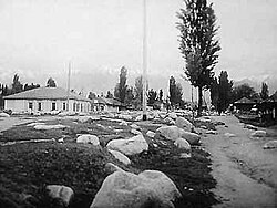 Almaty, Kazakhstan, after the catastrophic debris flow of 1921. A number of facilities, including the Medeu Dam, have been built since to prevent flows of this kind from reaching the city.[16]
