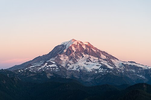 Mount Rainier, a 4,390-metre-tall (14,410 ft) stratovolcano, the highest mountain in the US state of Washington