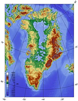 Greenland is isostatically depressed by the Greenland ice sheet such that parts of the bedrock surface in the interior are below sea level.