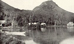 View of Raʻiātea Mountain. The mummies of Tahitian rulers were formerly deposited on this mountain, which is considered sacred (tapu).