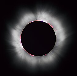 Totality during the solar eclipse of August 11, 1999, showing the solar corona and prominences