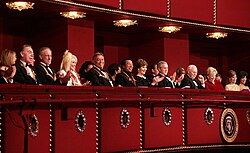 Honorees at the Kennedy Center on December 6, 2006, from left: Andrew Lloyd Webber, Steven Spielberg, Dolly Parton, Zubin Mehta, and Smokey Robinson, with First Lady Laura Bush, President George W. Bush, Vice President Dick Cheney, and Lynne Cheney.