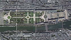 Aerial view of the Tuileries Gardens on the left, with the Louvre Palace on the right (2018)