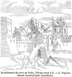 An image from a 1557 book depicting an earthquake in Italy in the 4th century BCE