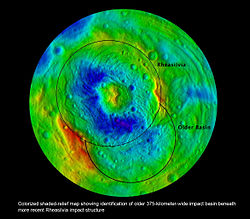 Outlines of Rheasilvia and Veneneia, the latter being partially obliterated by the former.