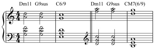 ii–V–I turnaround with fourth voicings: all chords are in fourth voicings. They are often ambiguous as, for example, the Dm11 and G9sus chords are here voiced identically and will thus be distinguished for the listener by the root movement of the bassist.[21]