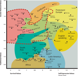 A recreation of the Inglehart–Welzel cultural map of the world based on the World Values Survey. More recent versions can be found on the WVS website.