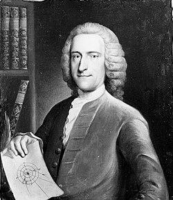 A portrait of William Whiston with a diagram demonstrating his theories of cometary catastrophism, described in A New Theory of the Earth