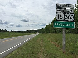 View north along US 15 Bus. and east along US 360 Bus. northeast of SR 622 just south of Keysville