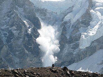 A powder snow avalanche in the Himalayas near Mount Everest
