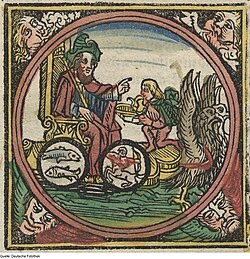 Jupiter enthroned, with the symbols of Pisces and Sagittarius at his feet (woodcut by Johannes Regiomontanus, 1512)