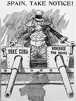 Cartoon of belligerent Uncle Sam placing Spain on notice, c. 1898