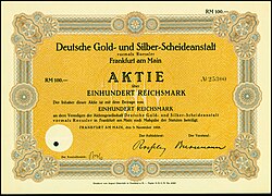 Share of the Deutsche Gold- und Silber-Scheideanstalt, issued 5 November 1928