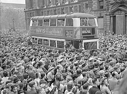 Britons gathered in Whitehall to hear Winston Churchill's victory speech on 8 May 1945.