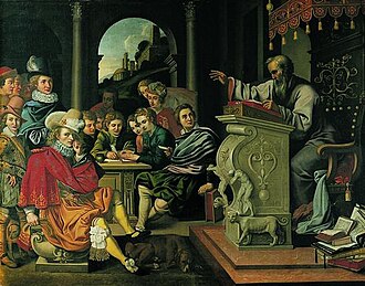 A lecture on rhetoric in a knight academy, painted in the 1620s by Pieter Isaacsz or Reinhold Timm for Rosenborg Castle.