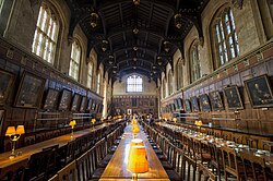 Dining hall at Christ Church; the hall is an important feature of the typical Oxford college, providing a place to dine and socialise.