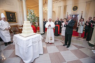 Benedict celebrates his 81st birthday with US president George W. Bush and First Lady Laura Bush at the White House in Washington, D.C., 2008
