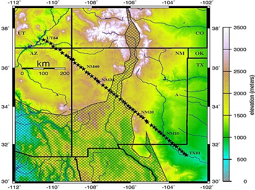 Seismic profile from the Rio Grande Rift Seismic Transect (RISTRA) experiment crossing the rift system, with Cenozoic extended terrain of the rift and southern Great Basin tectonic provinces indicated.
