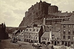 The castle is built on a volcanic rock, as seen here in a 19th-century view from the Grassmarket area.