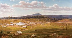 Ballarat's tent city in the summer of 1853–54, oil painting from an original sketch by Eugene von Guerard