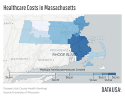 The average Medicare reimbursement per enrollee for the counties is mapped.[448]