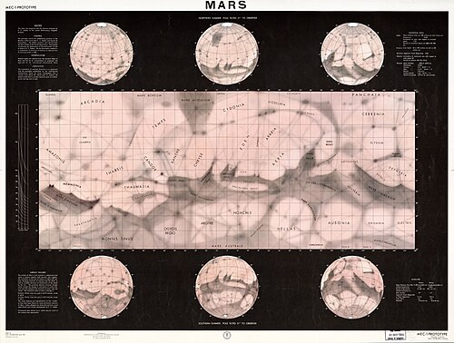 A 1962 map of Mars published by the U.S. Aeronautical Chart and Information Center, showing canals snaking through the Martian landscape. At the time, the existence of canals was still highly controversial as no close-up pictures of Mars had been taken (until Mariner 4's flyby in 1965).