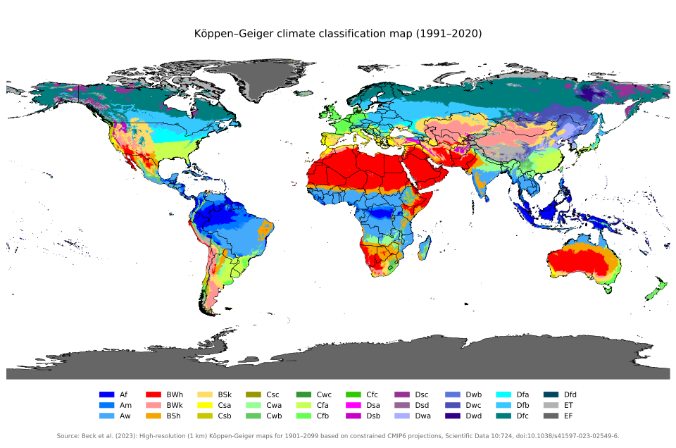 Köppen–Geiger climate map 1991–2020[9] Af Am Aw As BWh BWk BSh BSk Csa Csb Csc Cwa Cwb Cwc Cfa Cfb Cfc Dsa Dsb Dsc Dsd Dwa Dwb Dwc Dwd Dfa Dfb Dfc Dfd ET EF