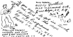 This page from a collection of Guthrie's sheet music published in 1946 includes his Mermaid Avenue address and one of his anti-fascist slogans