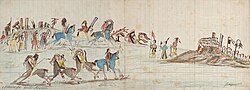 Ledger drawing depicting a meeting between a Kiowa–Comanche war party and a Pawnee war party (right side).