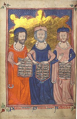 Plato, Seneca, and Aristotle in a medieval manuscript illustration (c. 1325–35)