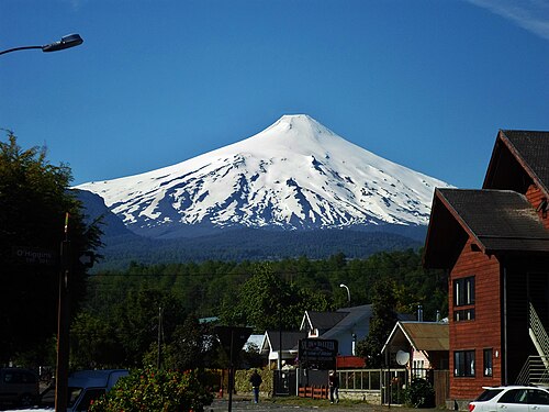 Villarrica volcano as seen from a main Pucón street