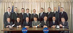 The first sixteen NASA astronauts to be selected, February 1963. Back row: White, McDivitt, Young, See, Conrad, Borman, Armstrong, Stafford, Lovell. Front row: Cooper, Grissom, Carpenter, Schirra, Glenn, Shepard, Slayton.