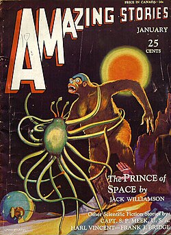 Williamson's novella "The Prince of Space" was cover-featured on the January 1931 Amazing Stories.