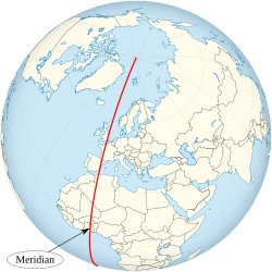The prime meridian on a globe