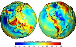 Three-dimensional visualization of gravity anomalies in units of Gal., using pseudo color and shaded relief.