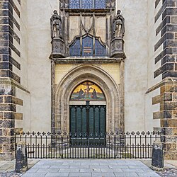 The door to All Saints' Church in Wittenberg, where Martin Luther posted his Ninety-five Theses in 1517 detailing his concerns with what he saw as the Catholic Church's abuse and corruption. The original door was destroyed by a fire, and in 1857, King Frederick William IV of Prussia ordered that a replacement be made.