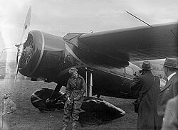 Amelia Earhart with the Lockheed Vega 5B she crossed the Atlantic in May 1932