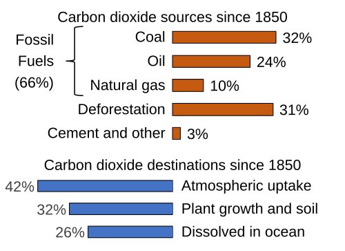 Between 1850 and 2019 the Global Carbon Project estimates that about 2/3rds of excess carbon dioxide emissions have been caused by burning fossil fuels, and a little less than half of that has stayed in the atmosphere.