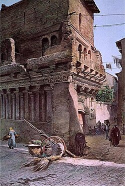 The so-called Casa di Rienzi still in its urban context before the opening of the Via del Mare in a watercolour by Ettore Roesler Franz (about 1880)