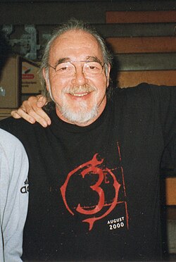Gary Gygax at ModCon Game Fair in 1999, Modena, Italy. His t-shirt advertises the third edition of D&D, which was to be released the following year.