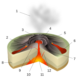 Hawaiian eruption: 1, ash plume; 2, lava fountain; 3, crater; 4, lava lake; 5, fumarole; 6, lava flow; 7, layers of lava and ash; 8, stratum; 9, sill; 10, magma conduit; 11, magma chamber; 12, dike