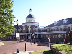 The Baker University Center sits atop a hillside where the Hocking River had cut.
