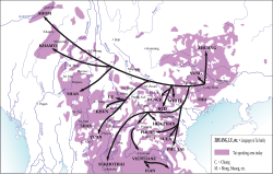 Map showing geographic distribution of Kra–Dai linguistic family. Arrows represent general pattern of the migration of Tai-speaking tribes along the rivers and over the lower passes.[29]: 27