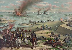 Painting of land battle scene in foreground and naval battle with sinking ships in background